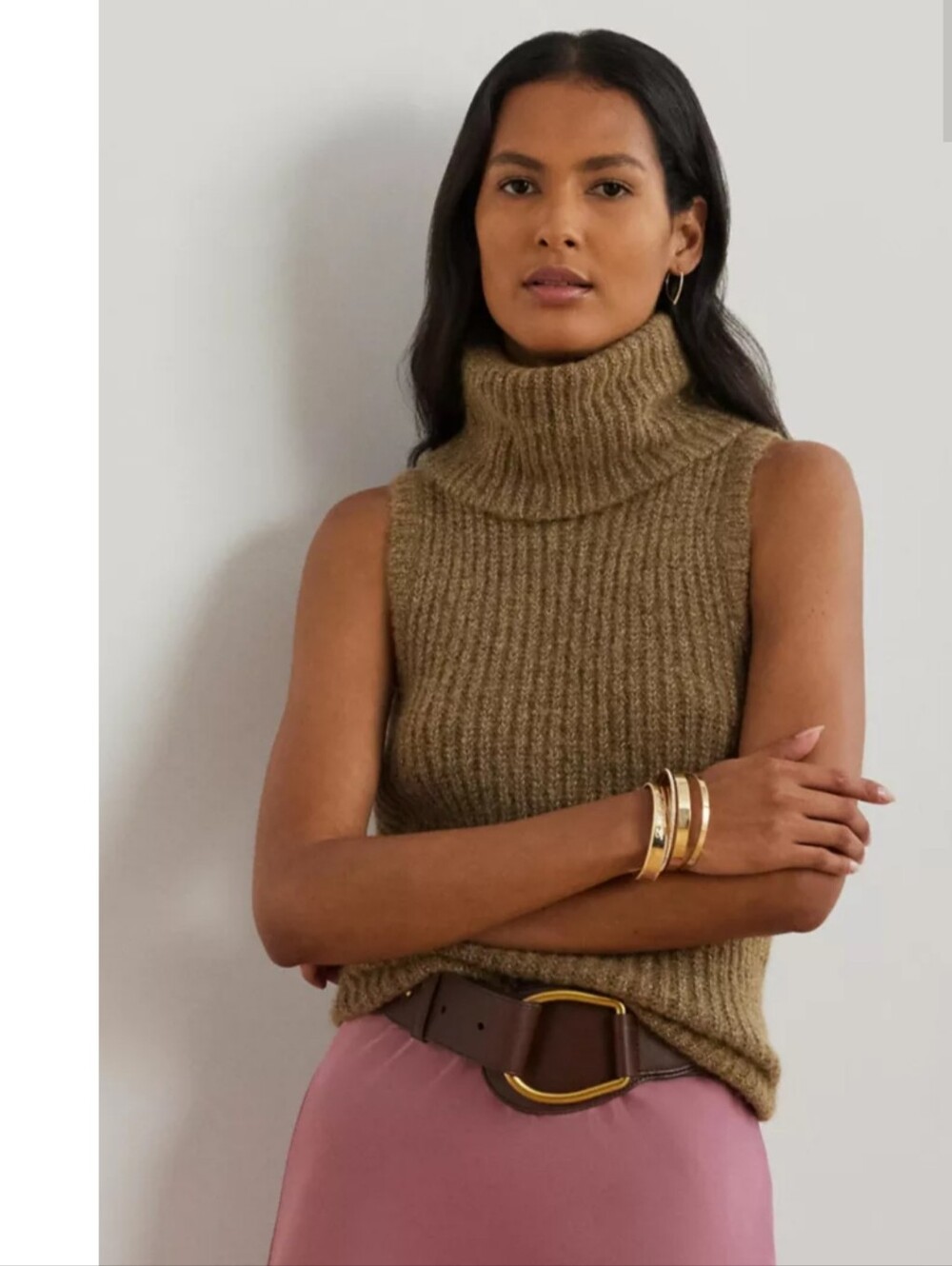 Lauren Ralph Lauren Metallic Wool Blend Sleeveless Turtleneck Ribbed Sweater